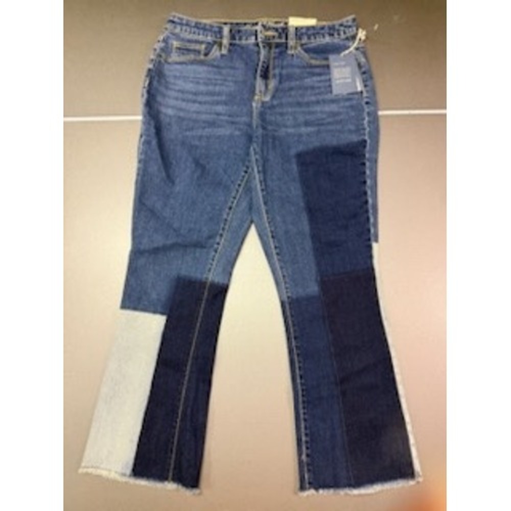 Universal Thread Patchwork Flare Jeans Blue Medium Wash Raw Hem Size 8/29R